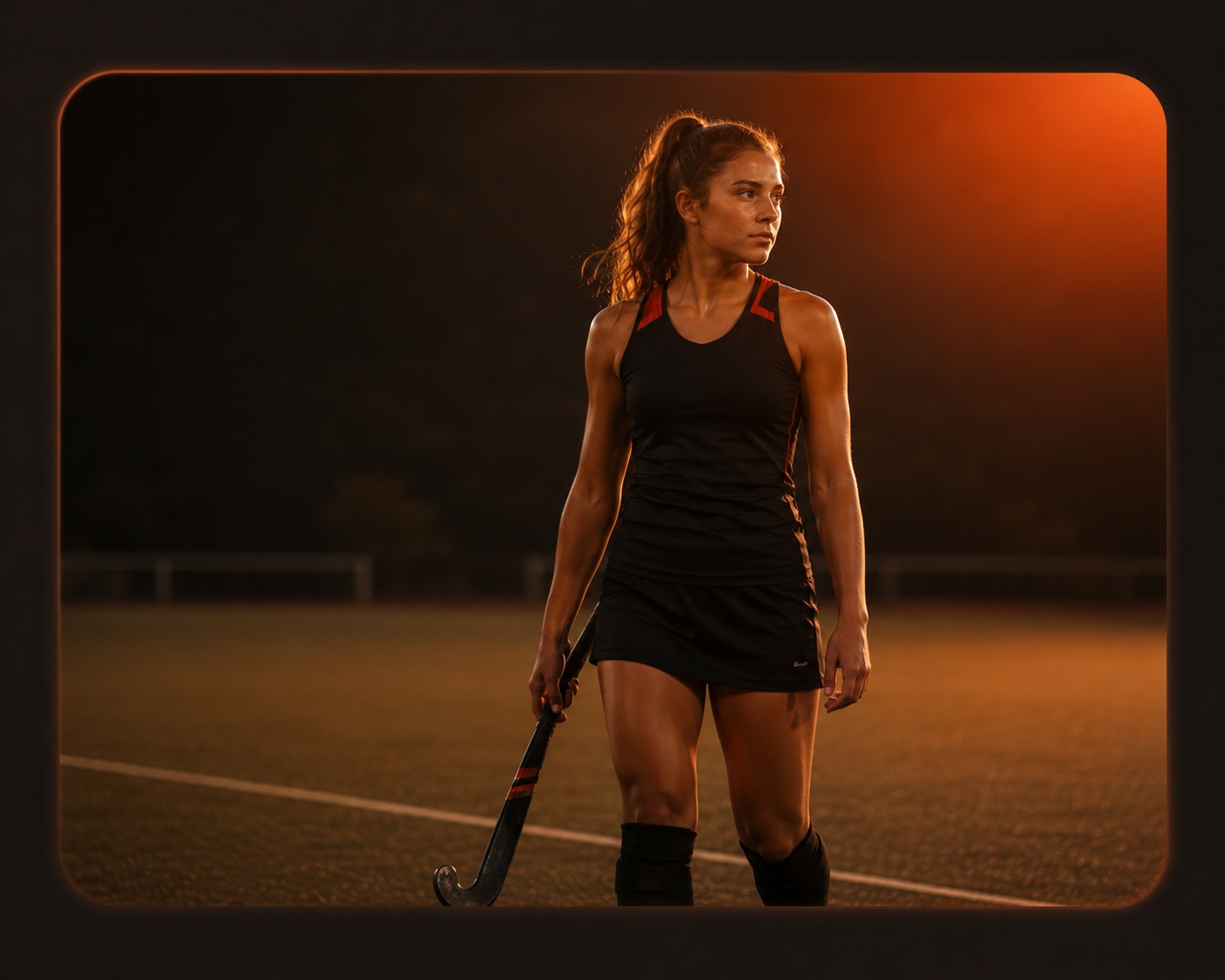 Field hockey player standing on the field at sunset holding her stick