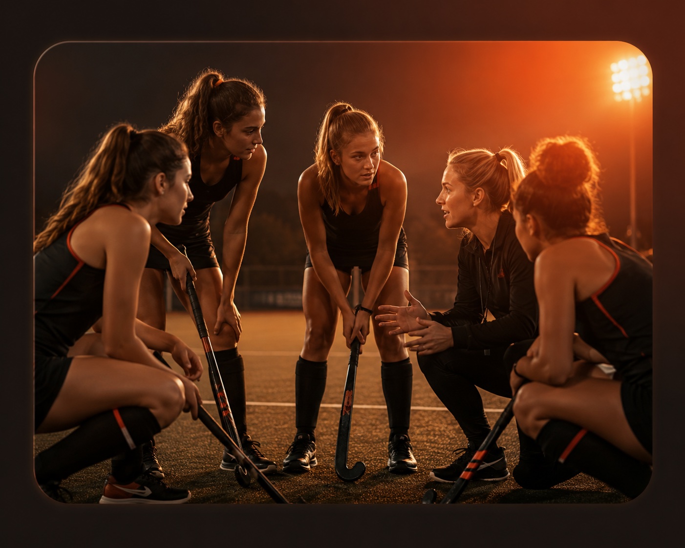 Coach talking with field hockey players in a huddle at sunset