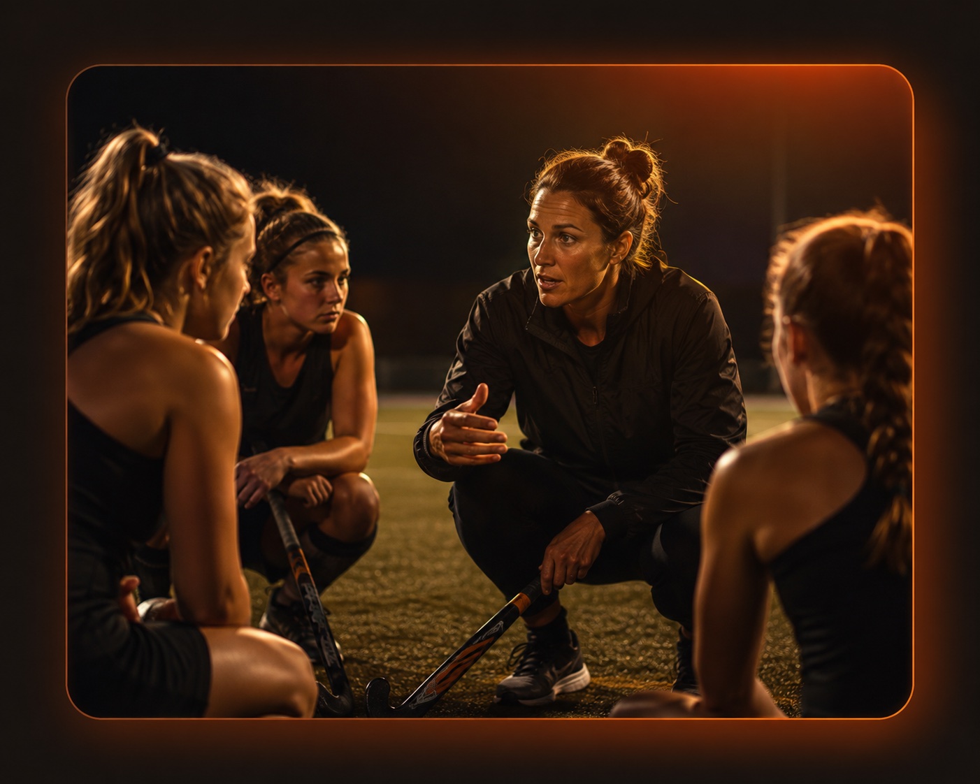 Coach talking strategy with field hockey players kneeling on the field